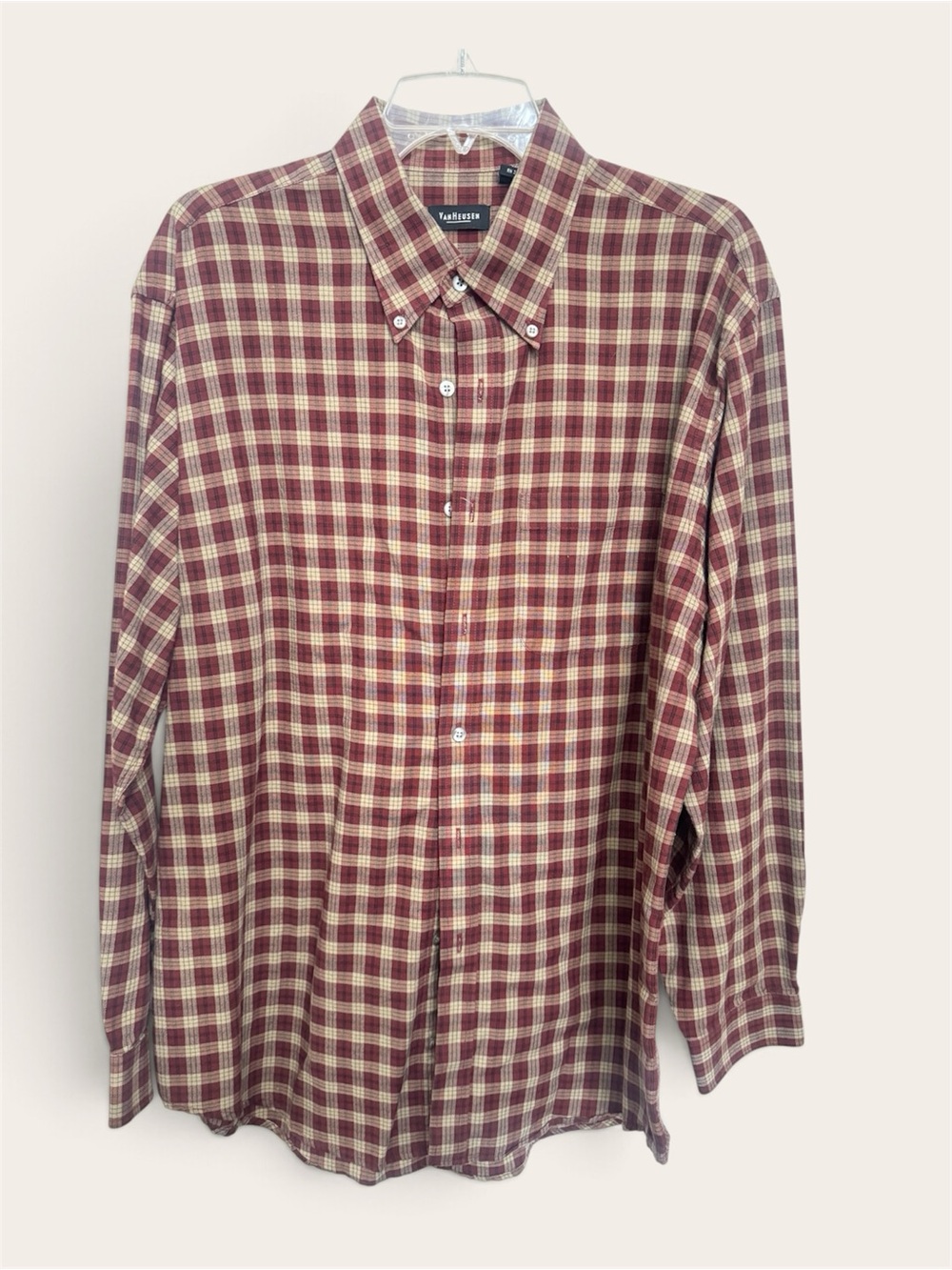 Van Heusen Men’s Maroon and Cream Plaid Button-Down Shirt